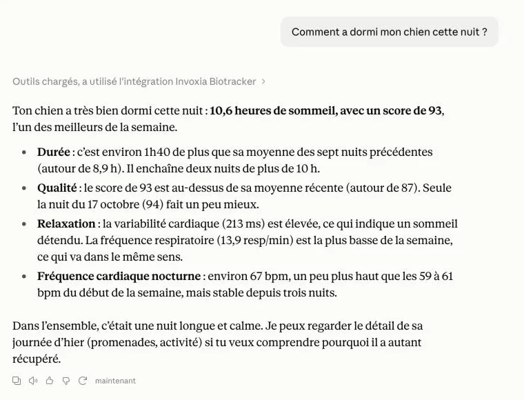 Réponse de Claude sur le sommeil du chien grâce au connecteur Invoxia Biotracker