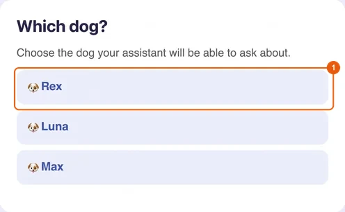 Which dog? page to choose the dog to connect