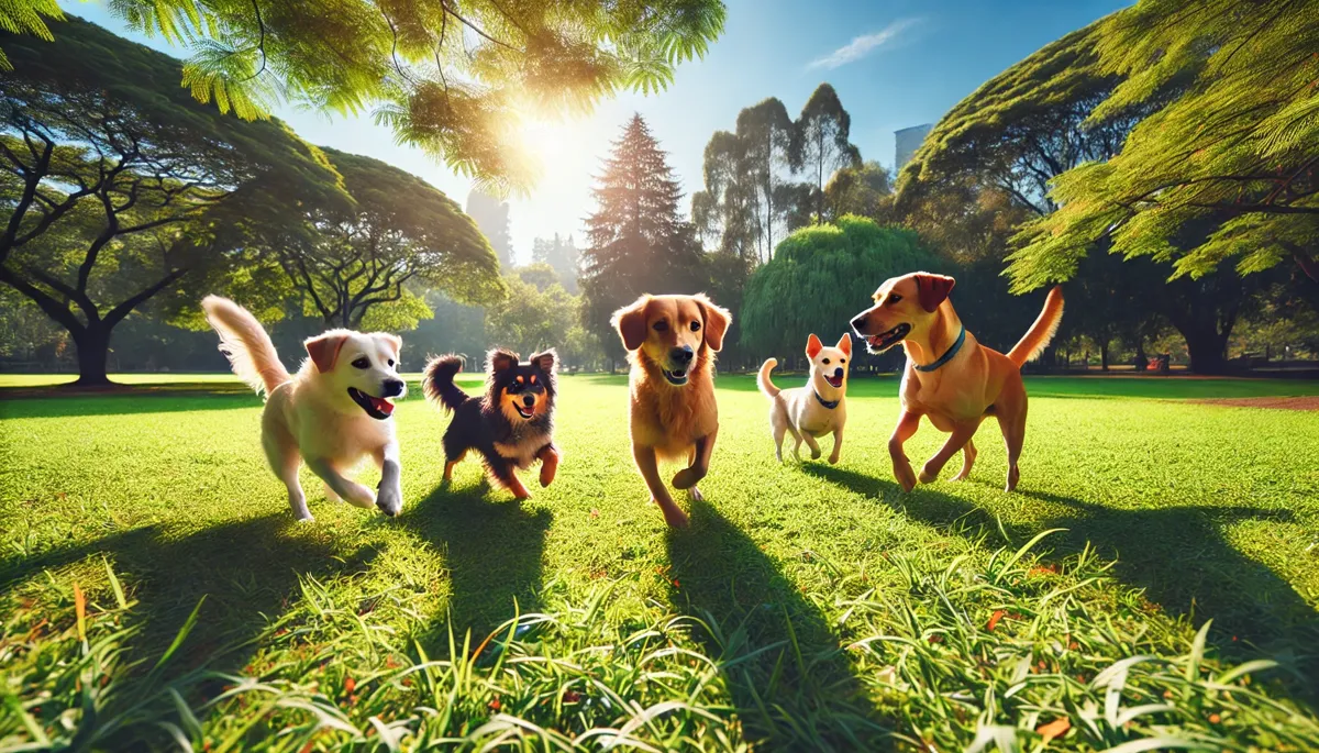 Perros en una pensión jugando en un parque