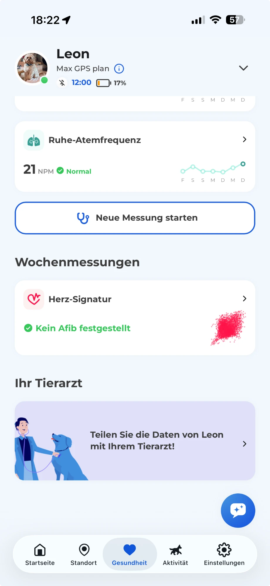 Der Tab Gesundheit der Biotracker-App: Die Karte „Teilen Sie die Daten von Leon mit Ihrem Tierarzt!“ befindet sich ganz unten auf der Seite