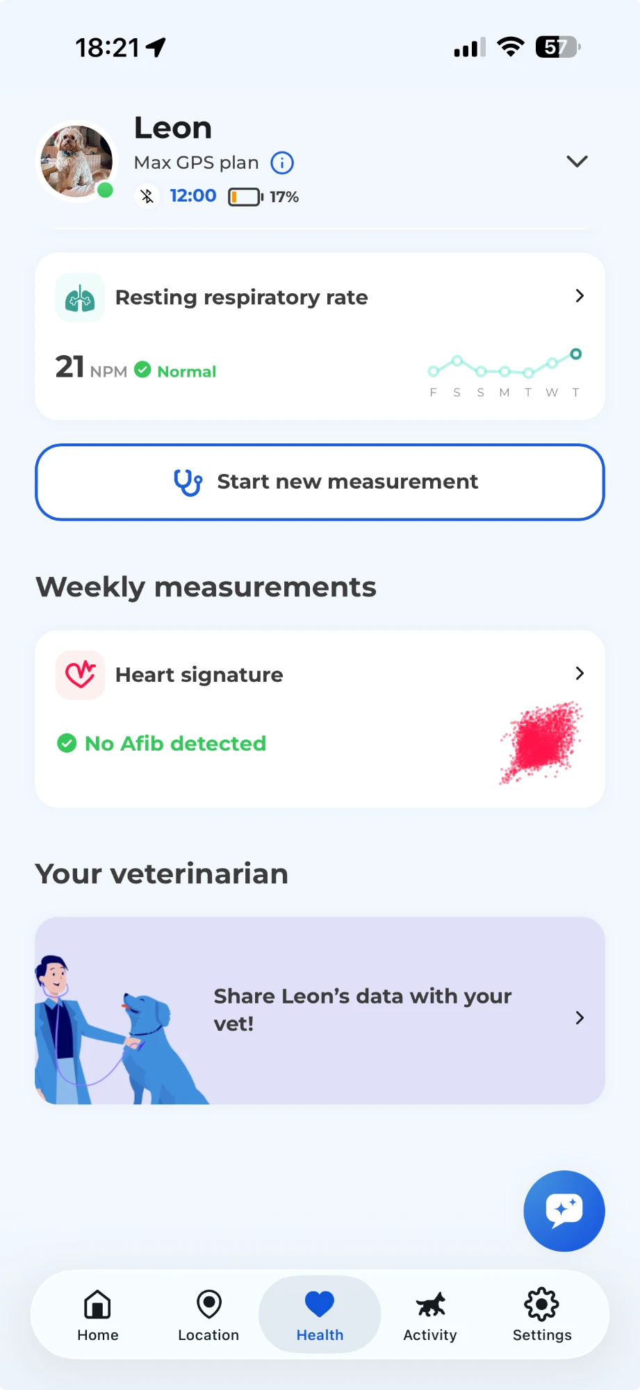 The Health tab of the Biotracker app: the card &ldquo;Share Leon&rsquo;s data with your vet!&rdquo; is at the bottom of the page