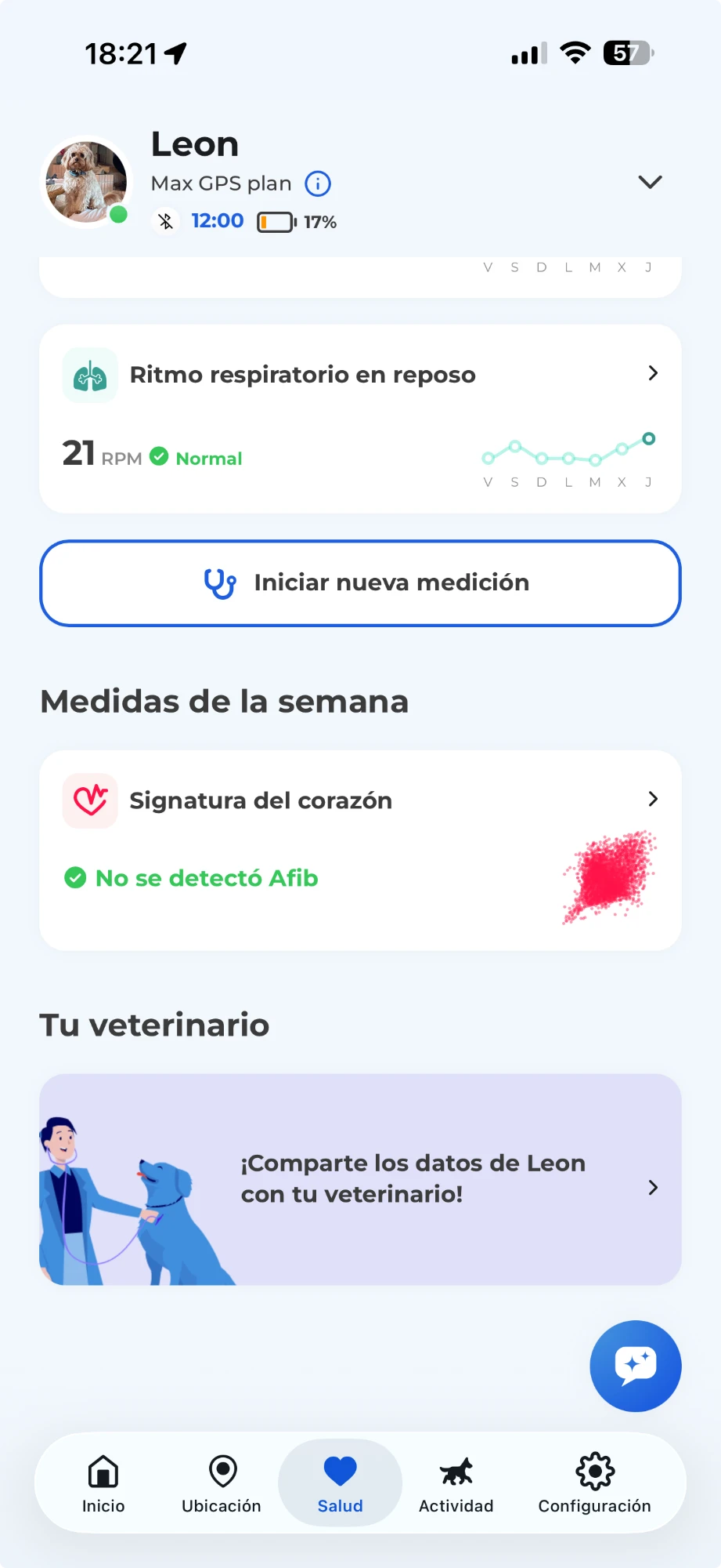 La pestaña Salud de la app Biotracker: la tarjeta «¡Comparte los datos de Leon con tu veterinario!» está al final de la página