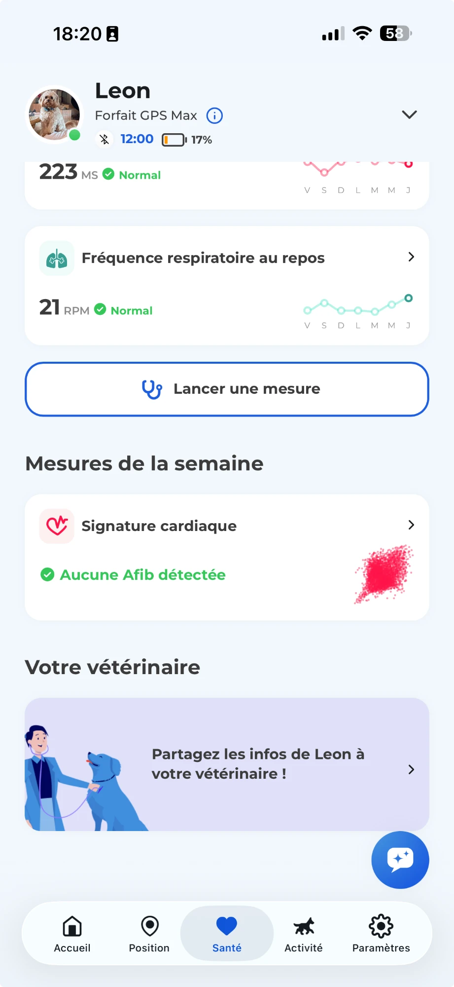 L&rsquo;onglet Santé de l&rsquo;application Biotracker : la carte « Partagez les infos de Leon à votre vétérinaire ! » se trouve en bas de la page