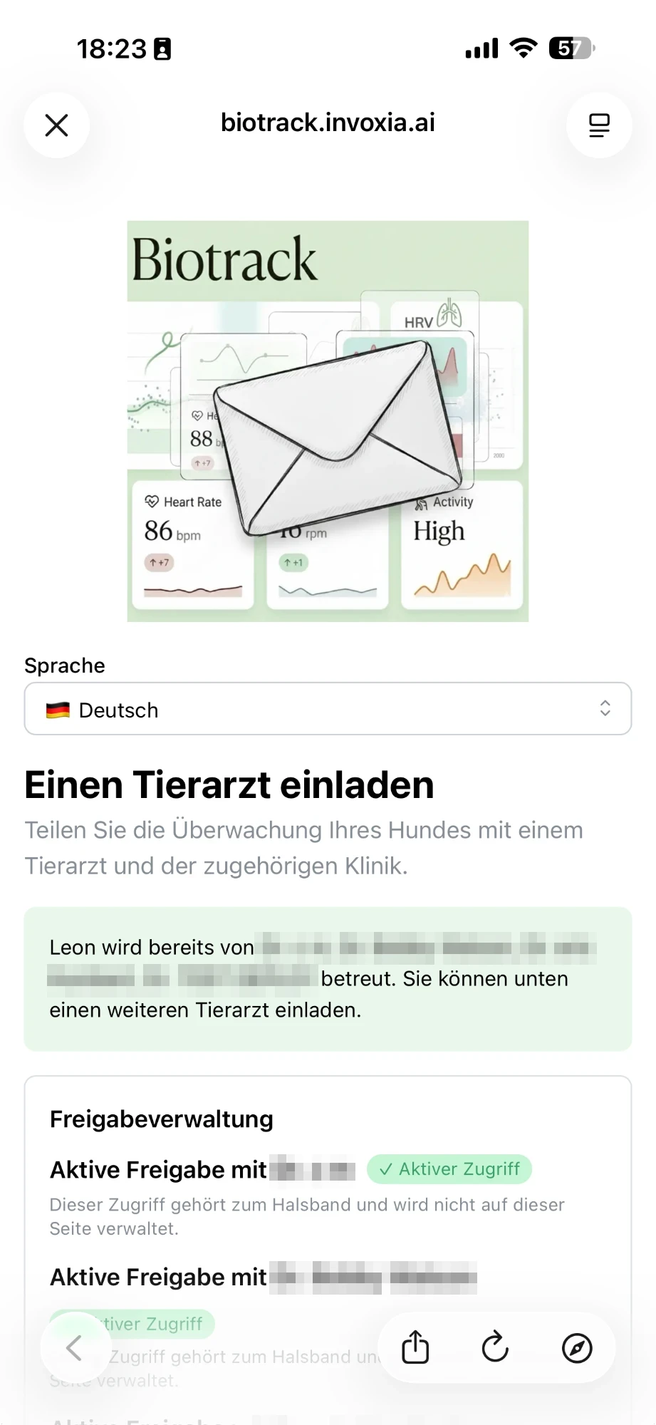 Die Biotrack-Seite „Einen Tierarzt einladen“, geöffnet aus der Biotracker-App