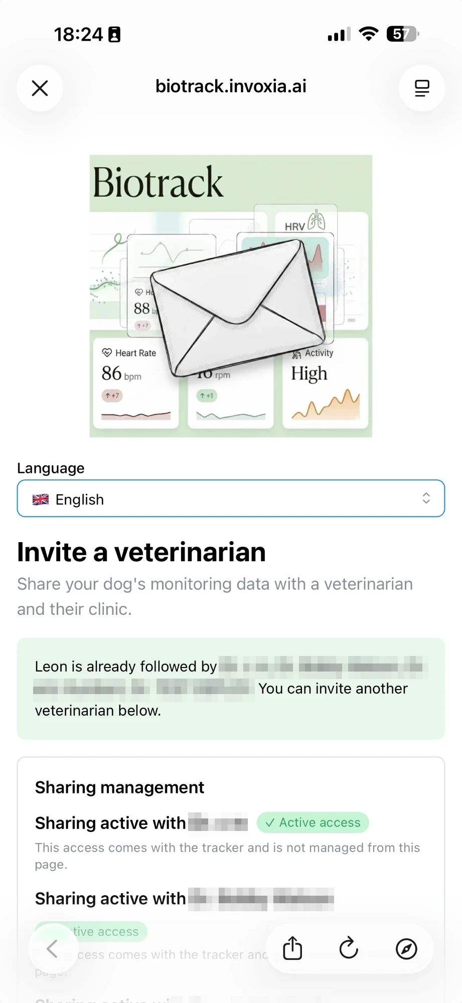 The Biotrack &ldquo;Invite a veterinarian&rdquo; page, opened from the Biotracker app