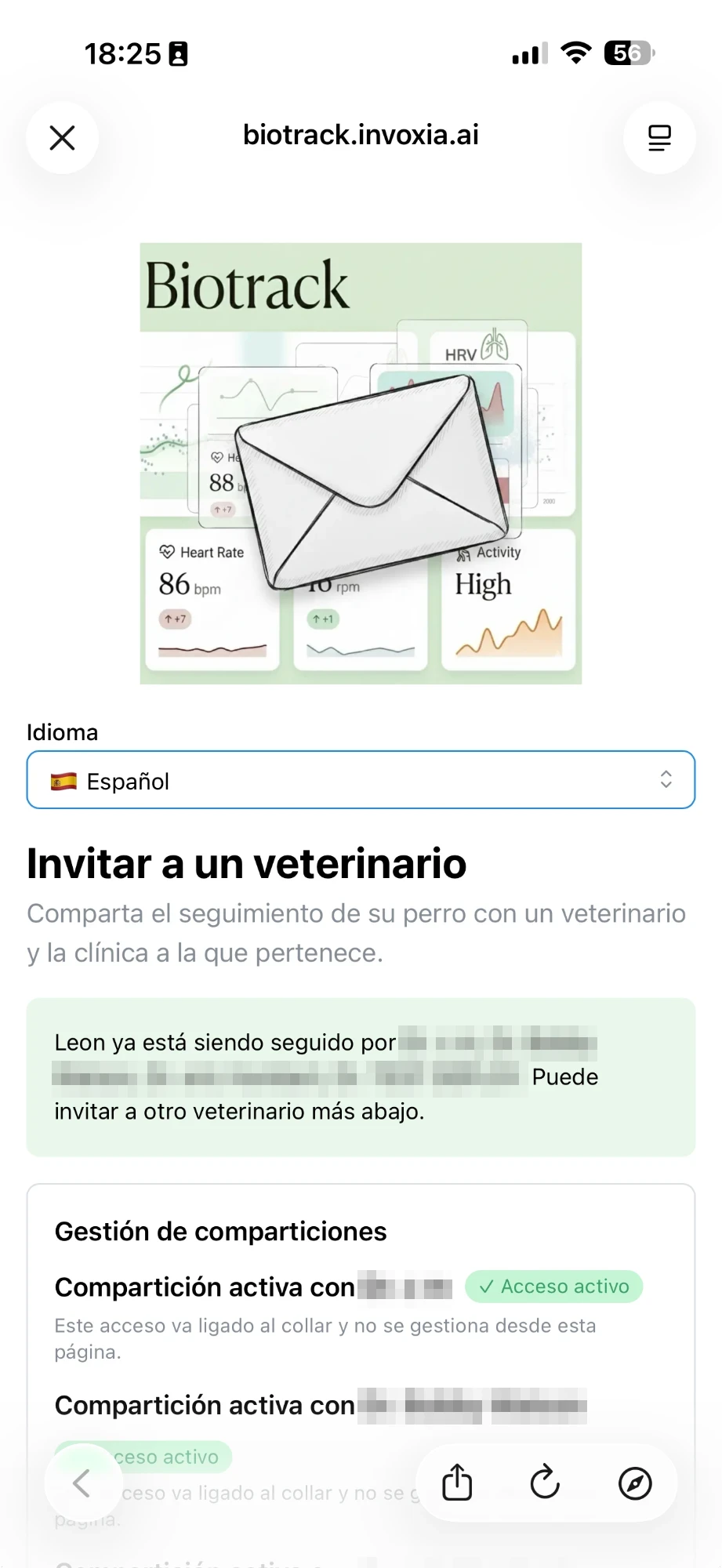 La página «Invitar a un veterinario» de Biotrack, abierta desde la app Biotracker