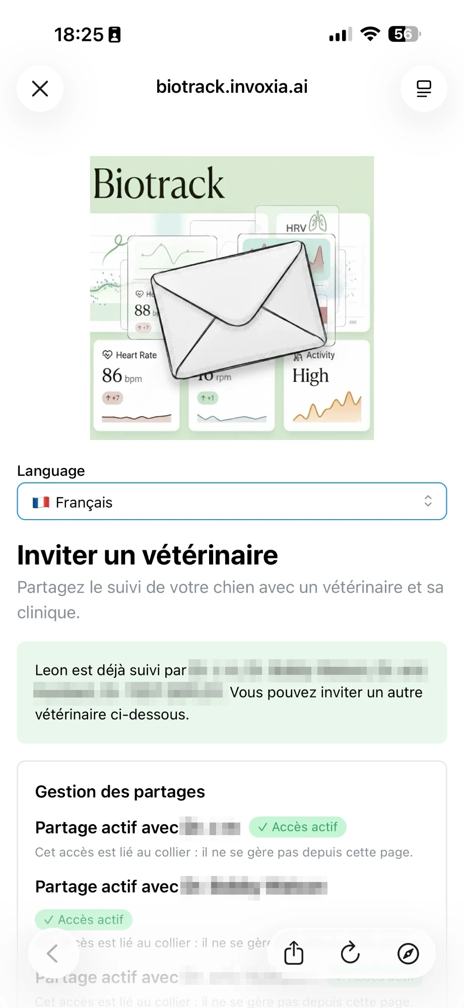 La page « Inviter un vétérinaire » de Biotrack, ouverte depuis l&rsquo;application Biotracker