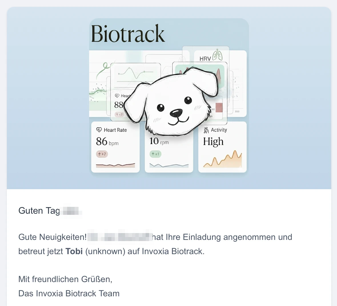 Bestätigungs-E-Mail: Ihr Tierarzt hat die Einladung angenommen und betreut jetzt Tobi auf Invoxia Biotrack