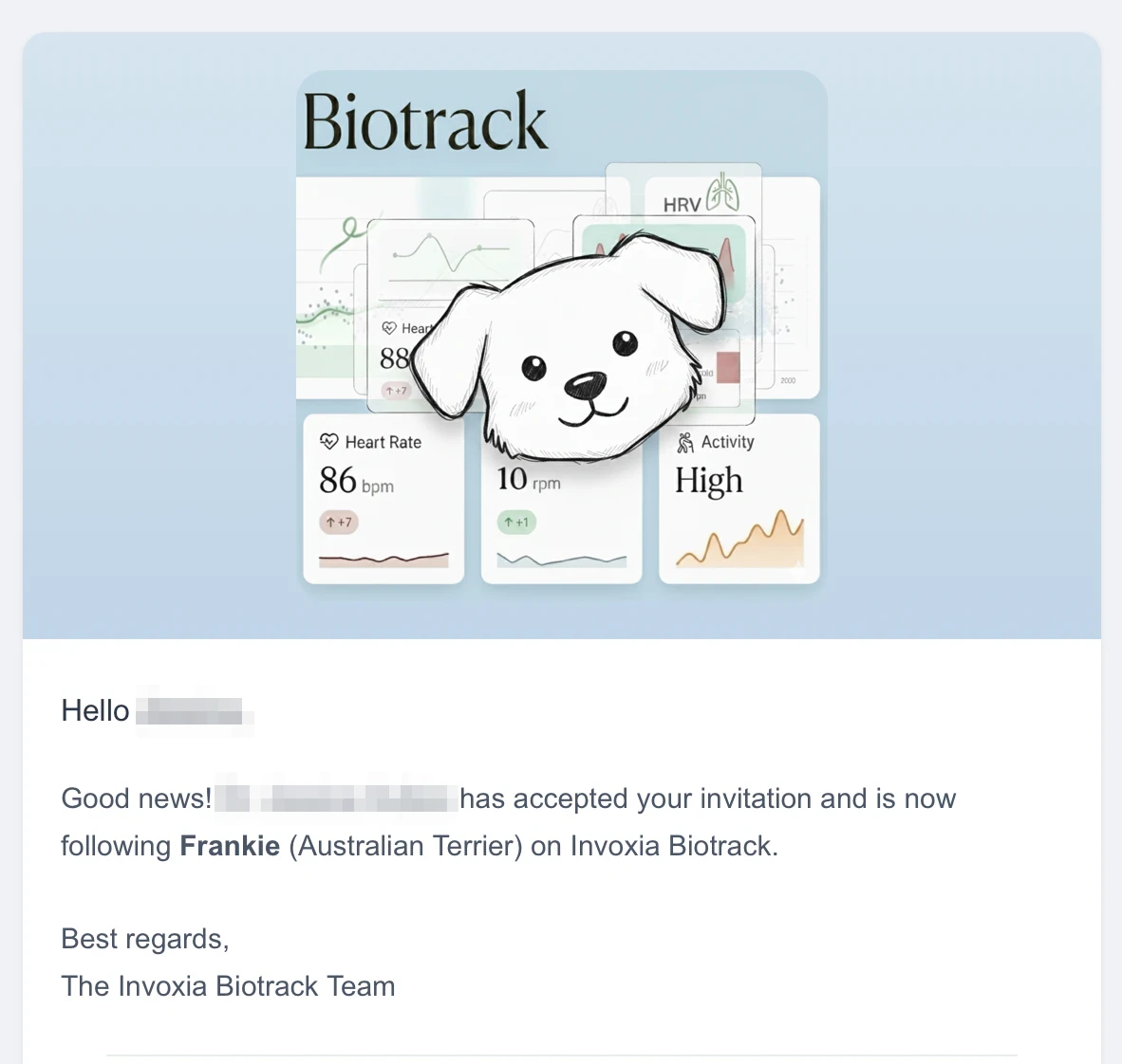 Confirmation e-mail: your vet has accepted the invitation and is now following Frankie on Invoxia Biotrack