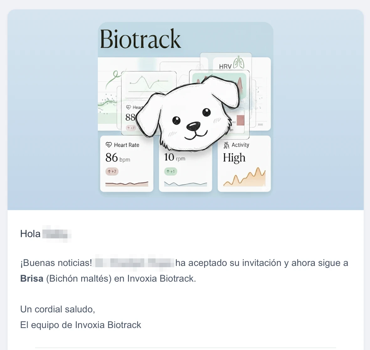 Correo de confirmación: tu veterinario ha aceptado la invitación y ahora sigue a Brisa en Invoxia Biotrack