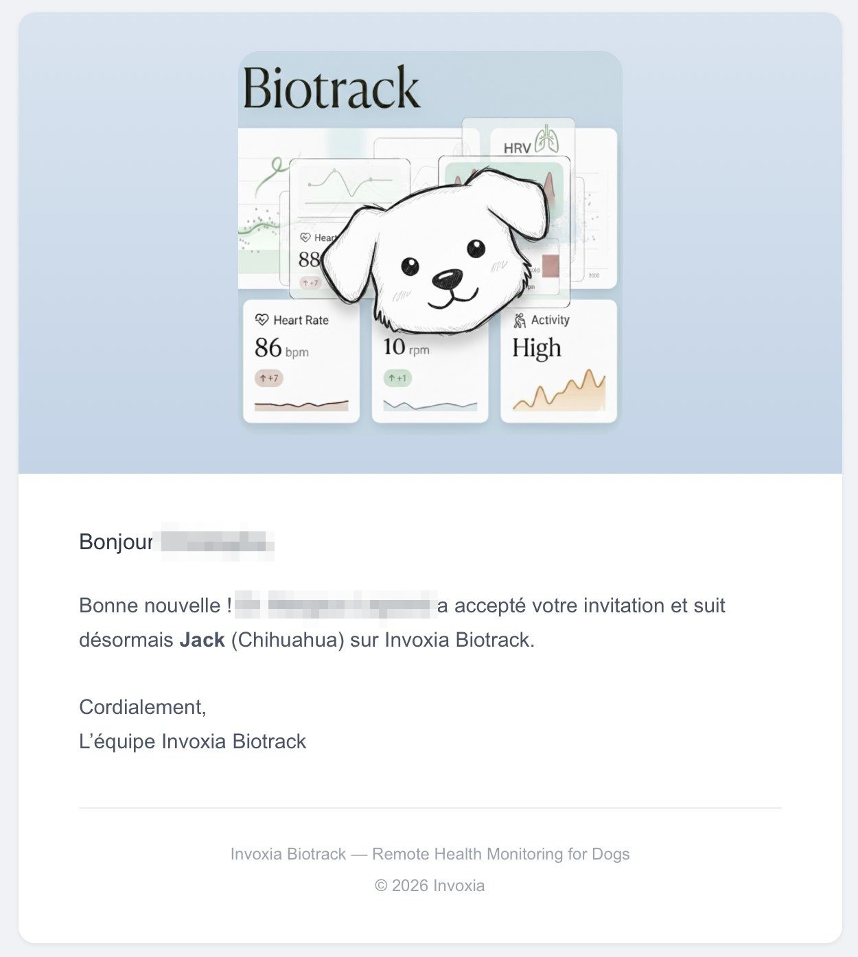 E-mail de confirmation : votre vétérinaire a accepté l&rsquo;invitation et suit désormais Jack sur Invoxia Biotrack