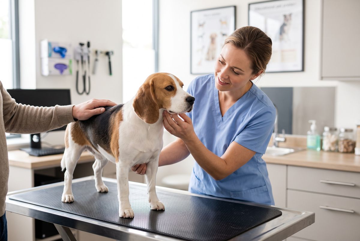 Veterinarian examining a beagle during a consultation