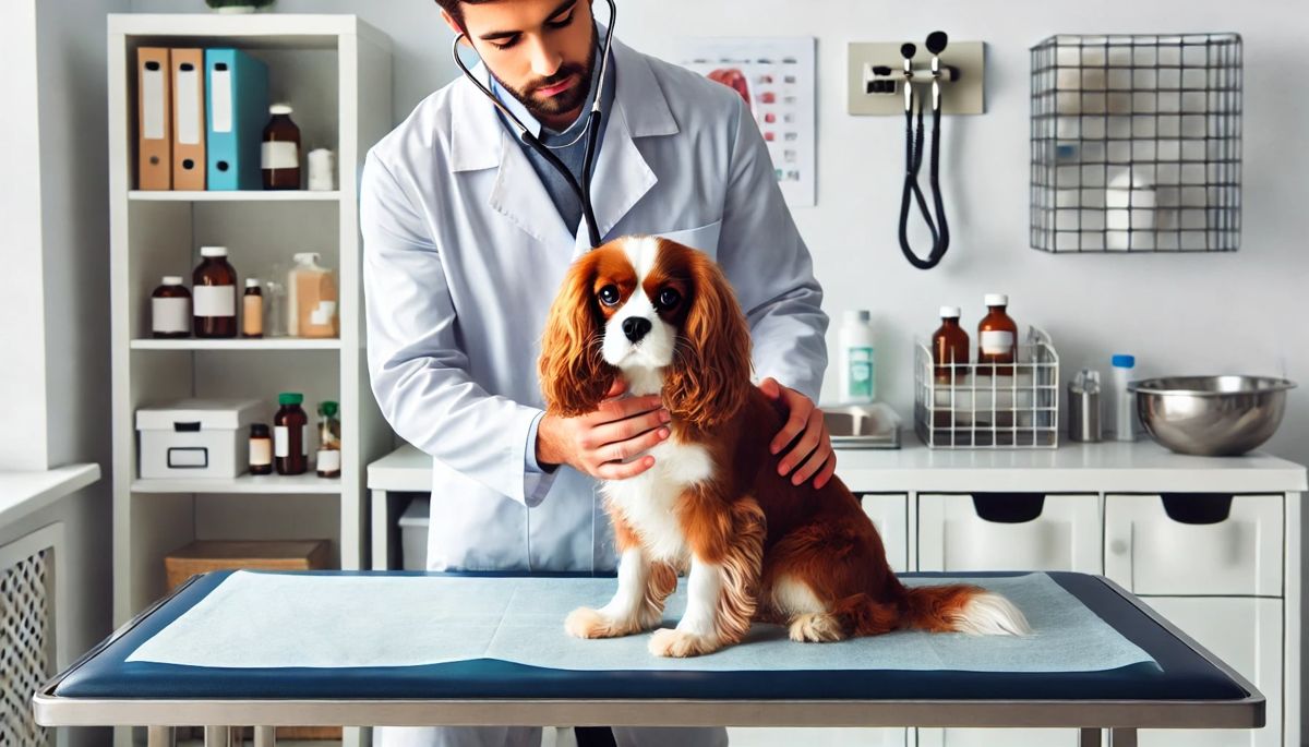 Cavalier King Charles during a vet visit for mitral valve disease diagnosis