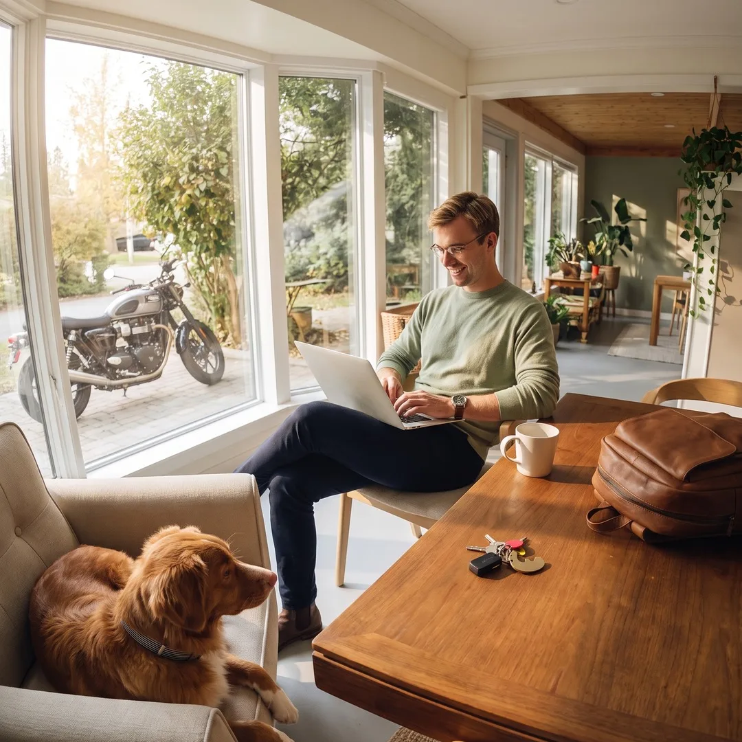 Hombre trabajando desde casa con un perro y objetos personales protegidos por Invoxia