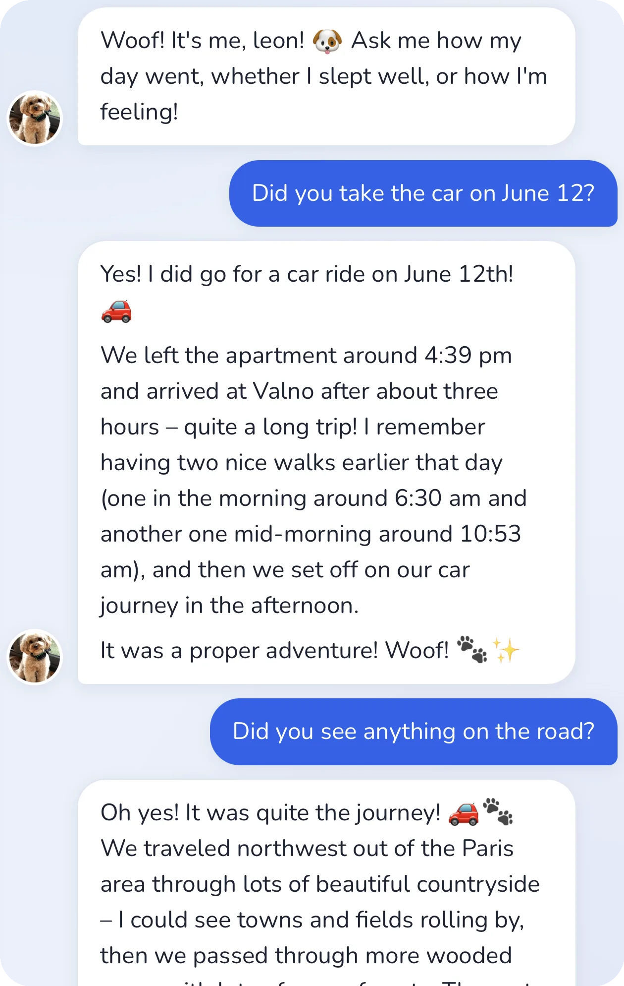 Conversation in the app: the dog tells the story of his car ride