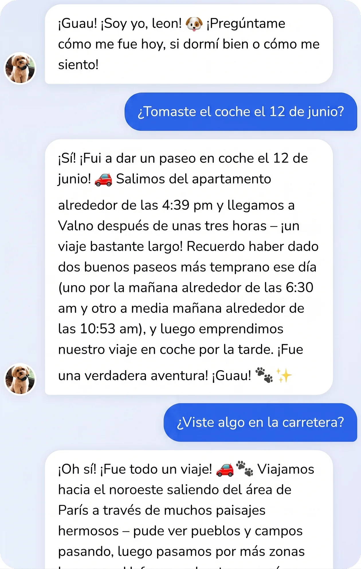 Conversación en la app: el perro cuenta su viaje en coche como una historia
