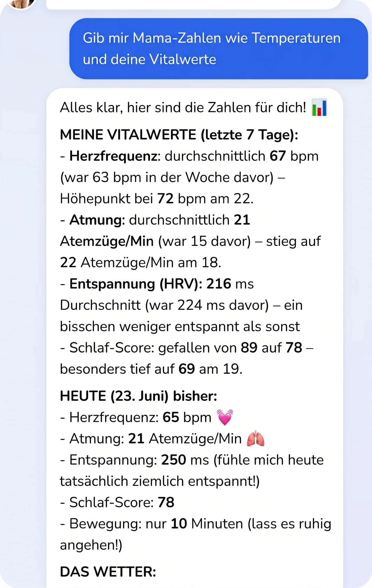 Unterhaltung in der App: Der Hund nennt seine genauen Werte, mit Zahlen belegt