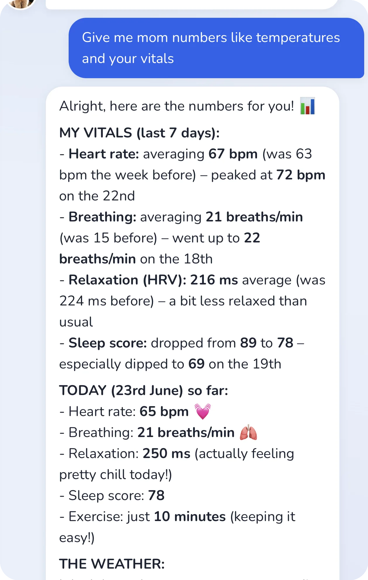 Conversation in the app: the dog gives his exact vital signs, numbers to back it up