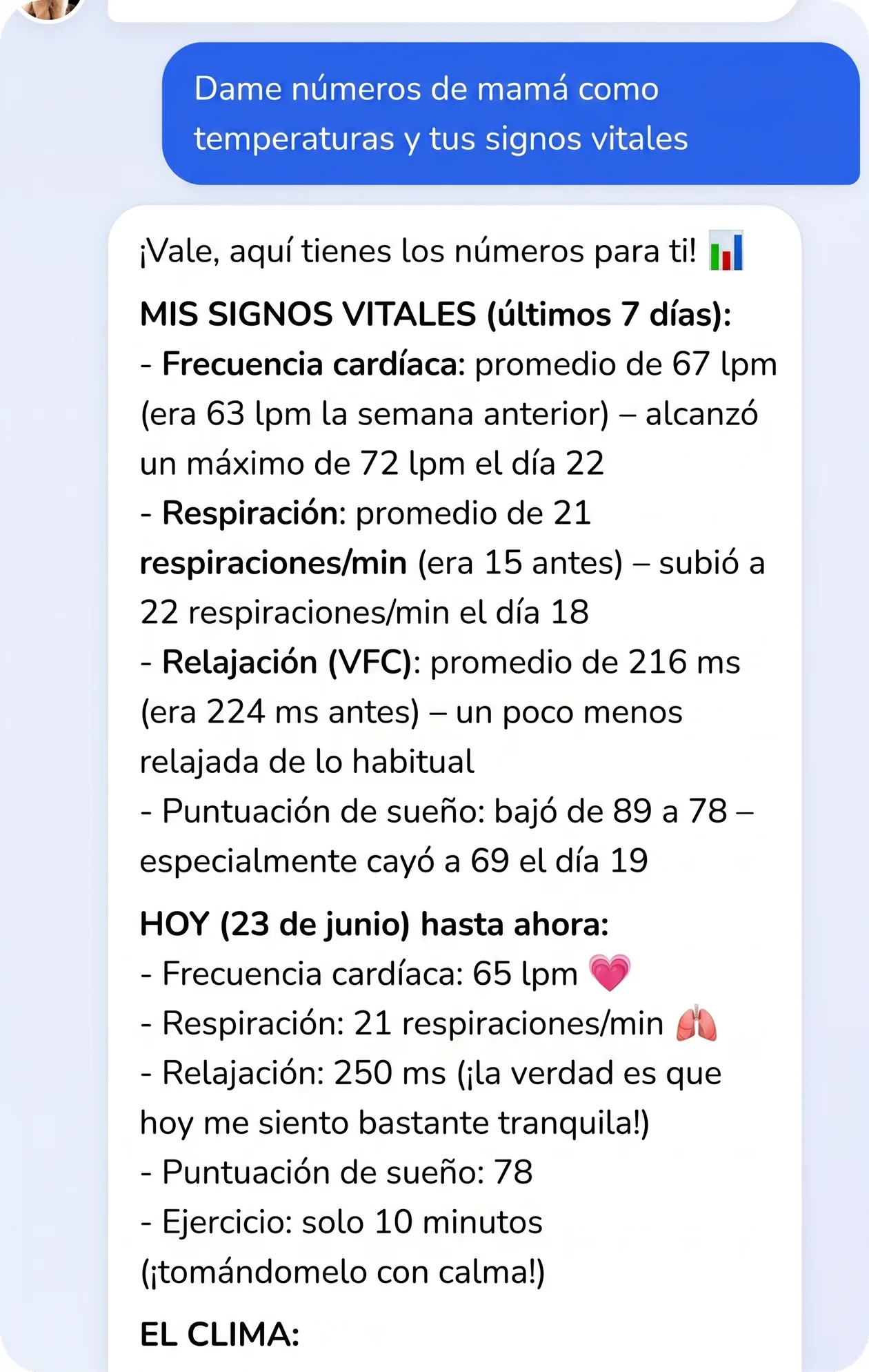 Conversación en la app: el perro da sus constantes exactas, con cifras