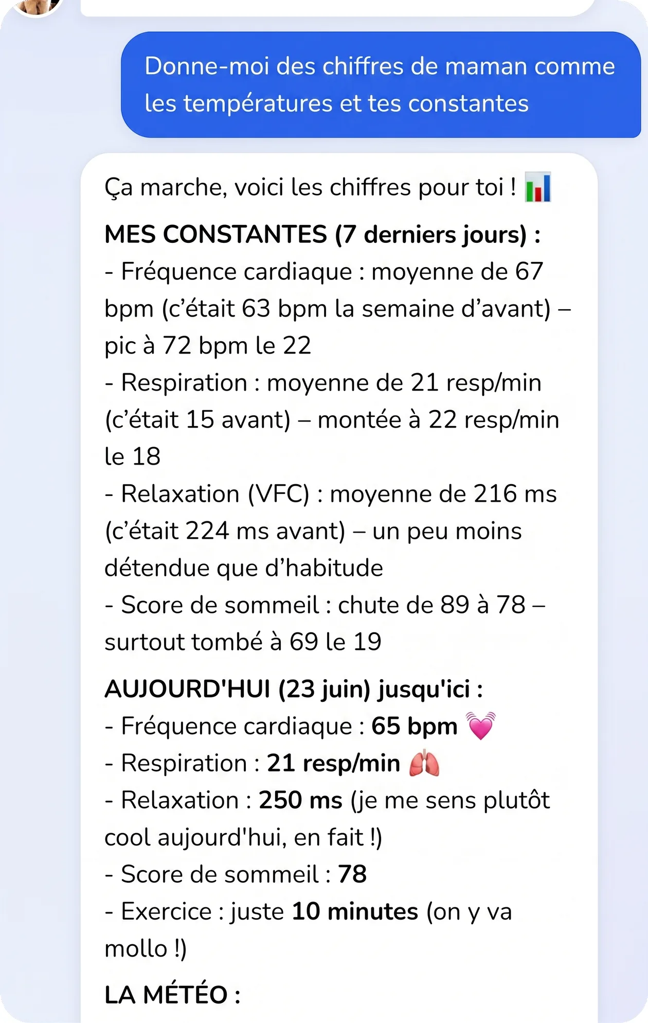 Conversation dans l'app : le chien donne ses constantes exactes, chiffres à l'appui