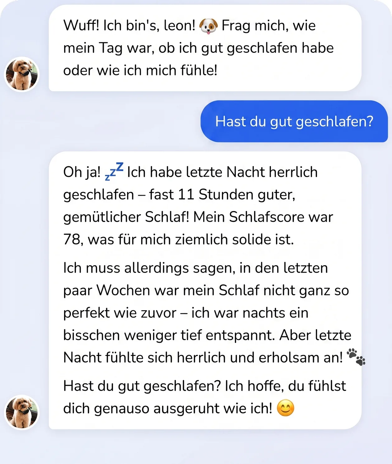 Unterhaltung in der Invoxia-App: Ein Hund antwortet auf die Frage nach seinem Schlaf