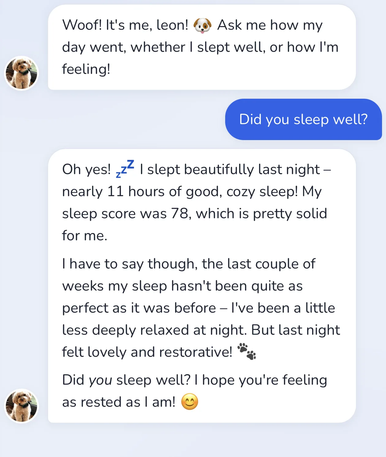 Conversation in the Invoxia app: a dog answers a question about his sleep