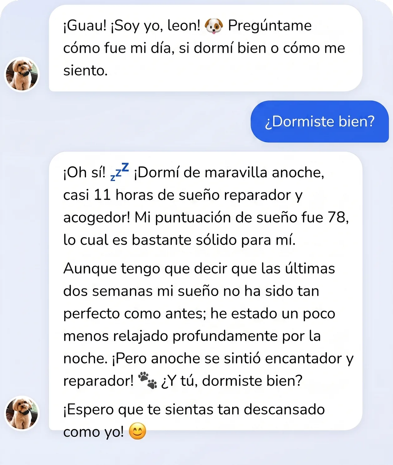 Conversación en la app Invoxia: un perro responde a la pregunta sobre su sueño