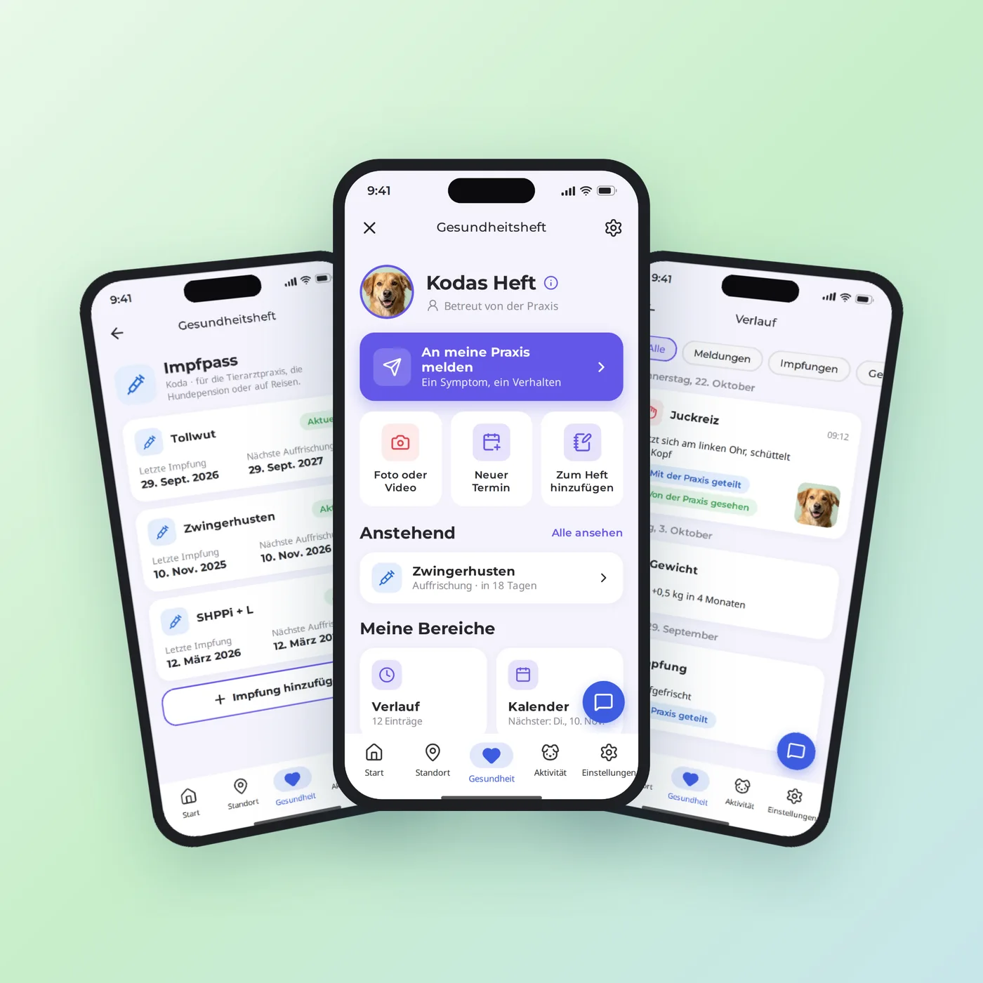 Drei Bildschirme des Gesundheitshefts in der Biotracker-App: Impfpass, Startseite des Hefts und Verlauf
