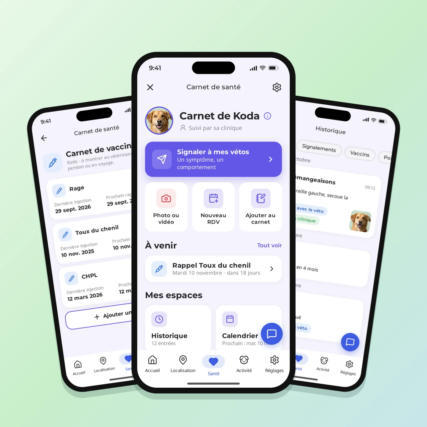 Trois écrans du carnet de santé dans l'application Biotracker : accueil du carnet, carnet de vaccination et historique