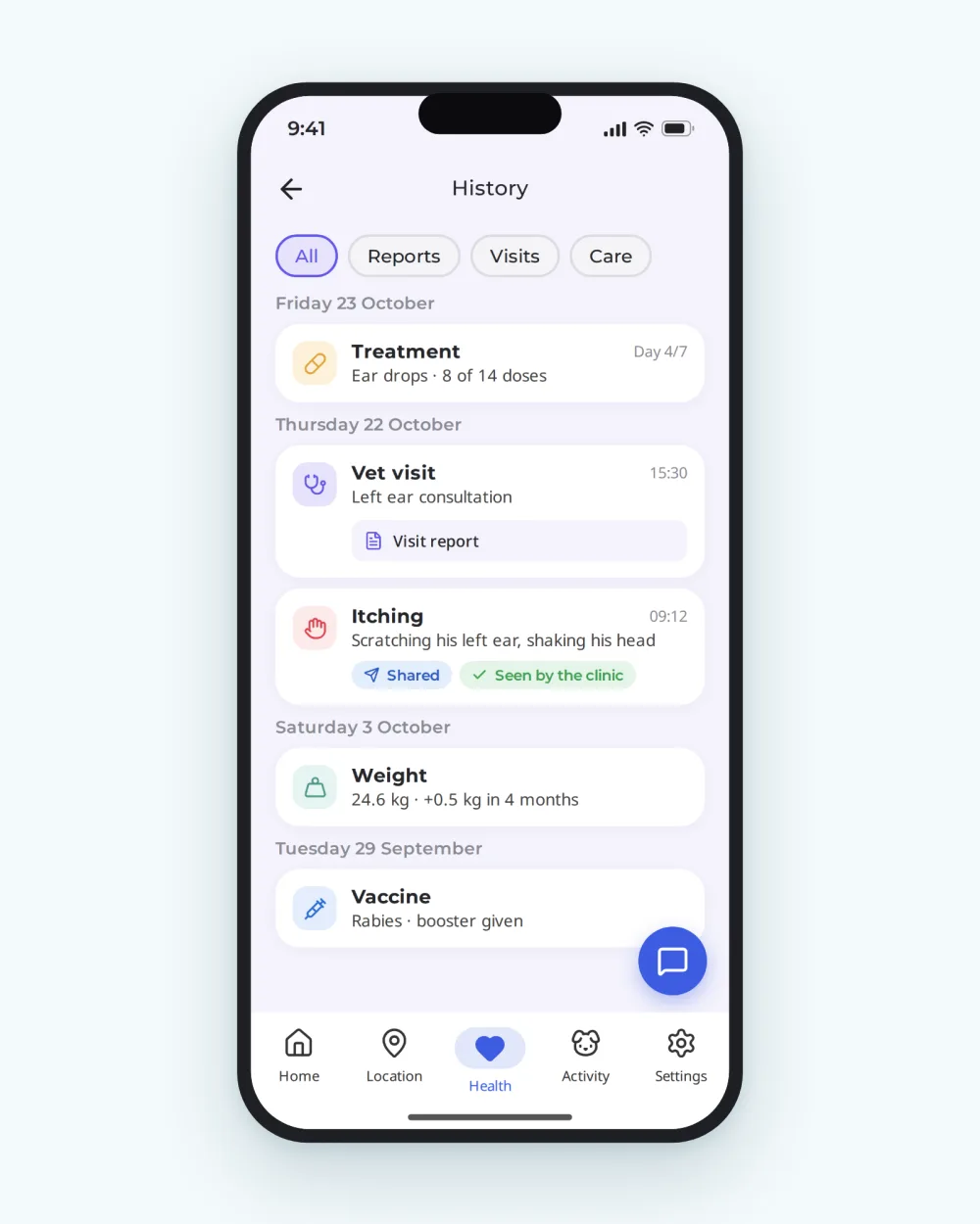 Health record history in the Biotracker app: reports, vaccines and weigh-ins sorted by date