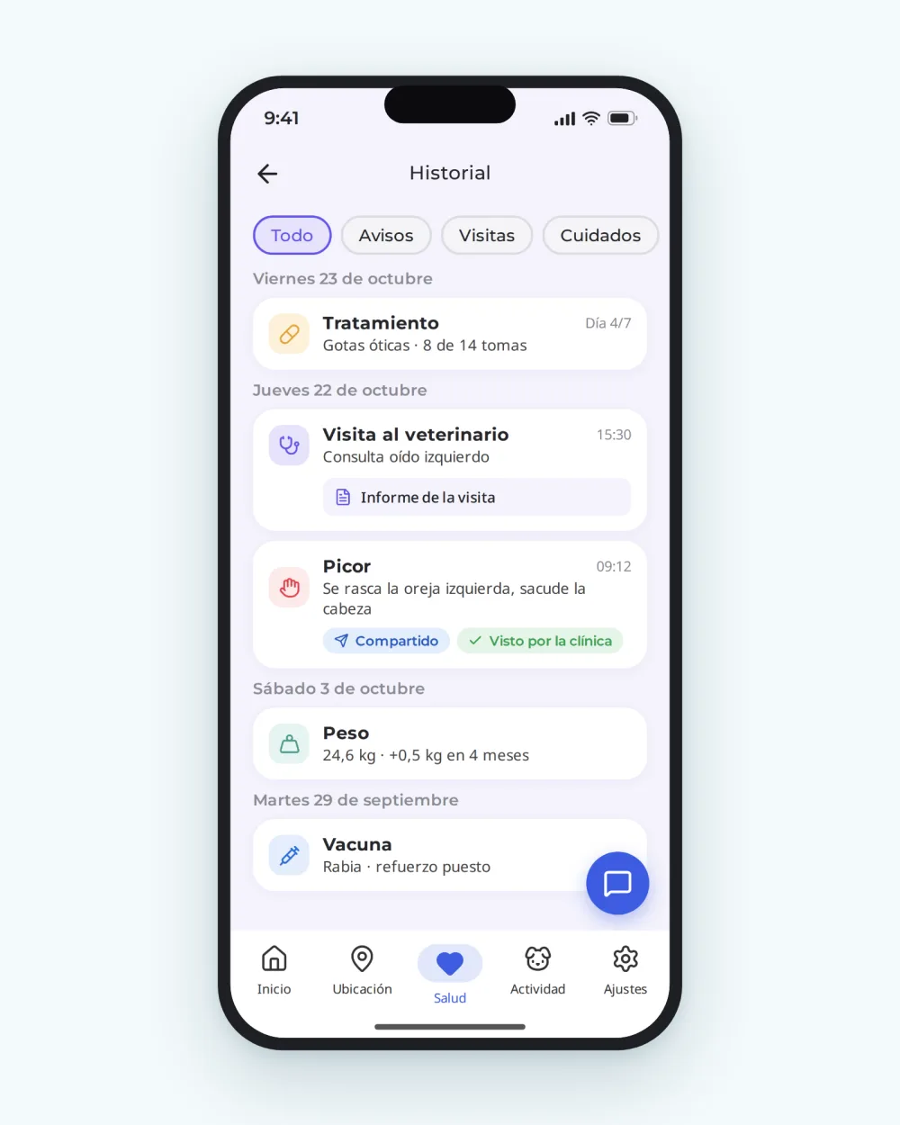 Historial de la cartilla sanitaria en la aplicación Biotracker: avisos, vacunas y pesajes ordenados por fecha