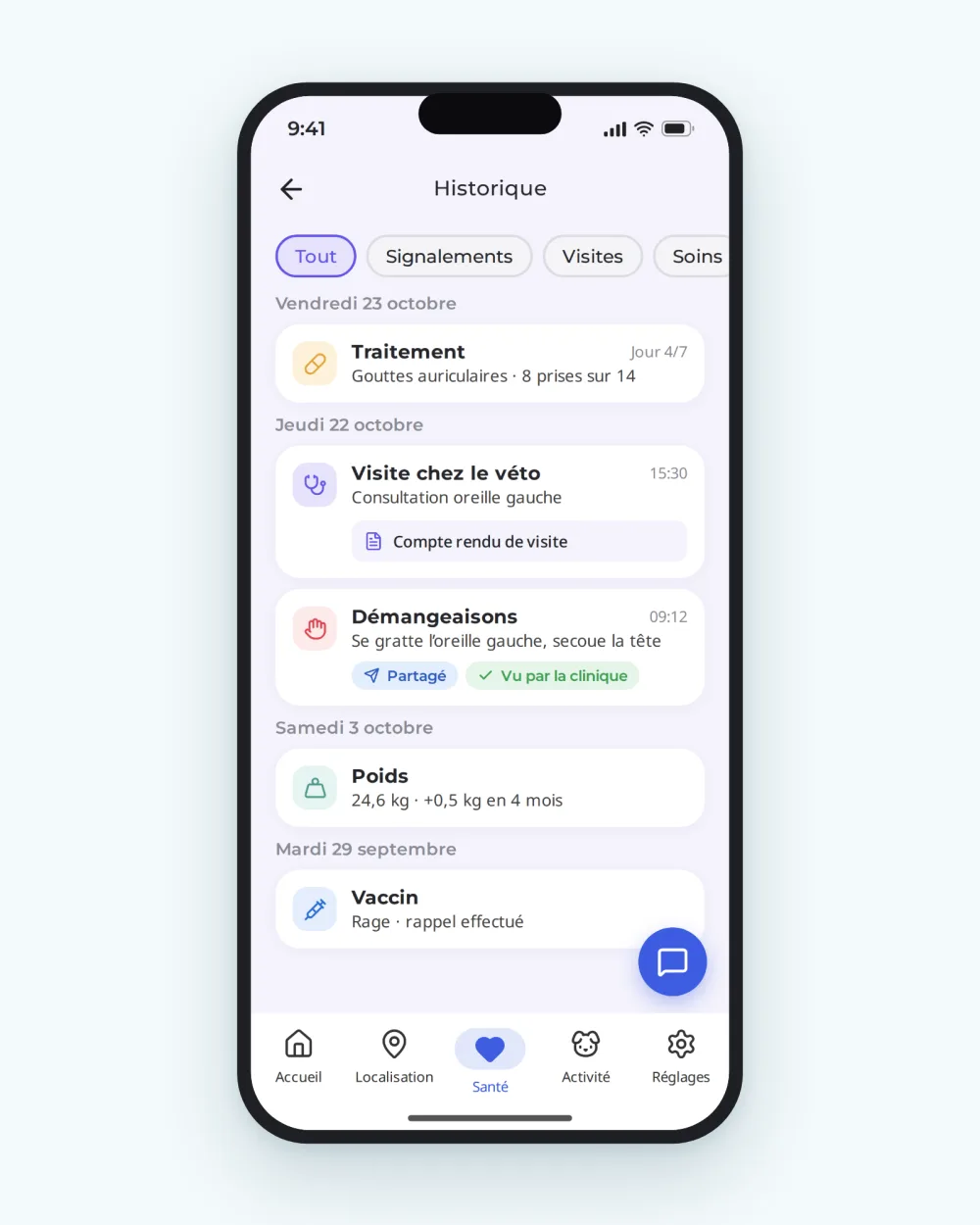 Historique du carnet de santé dans l'application Biotracker : signalements, vaccins et pesées classés par date