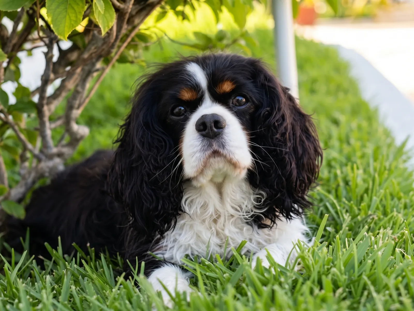 Cavalier King Charles tricolor tumbado en la hierba a la sombra de un árbol