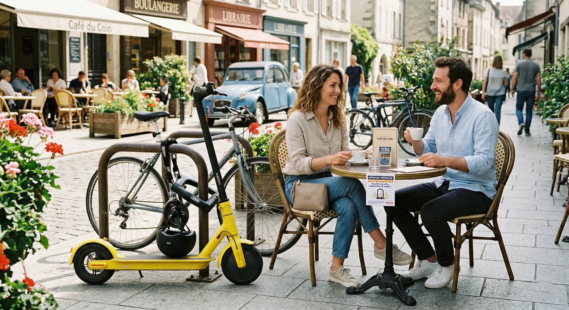 People at a terrace during spring in the city