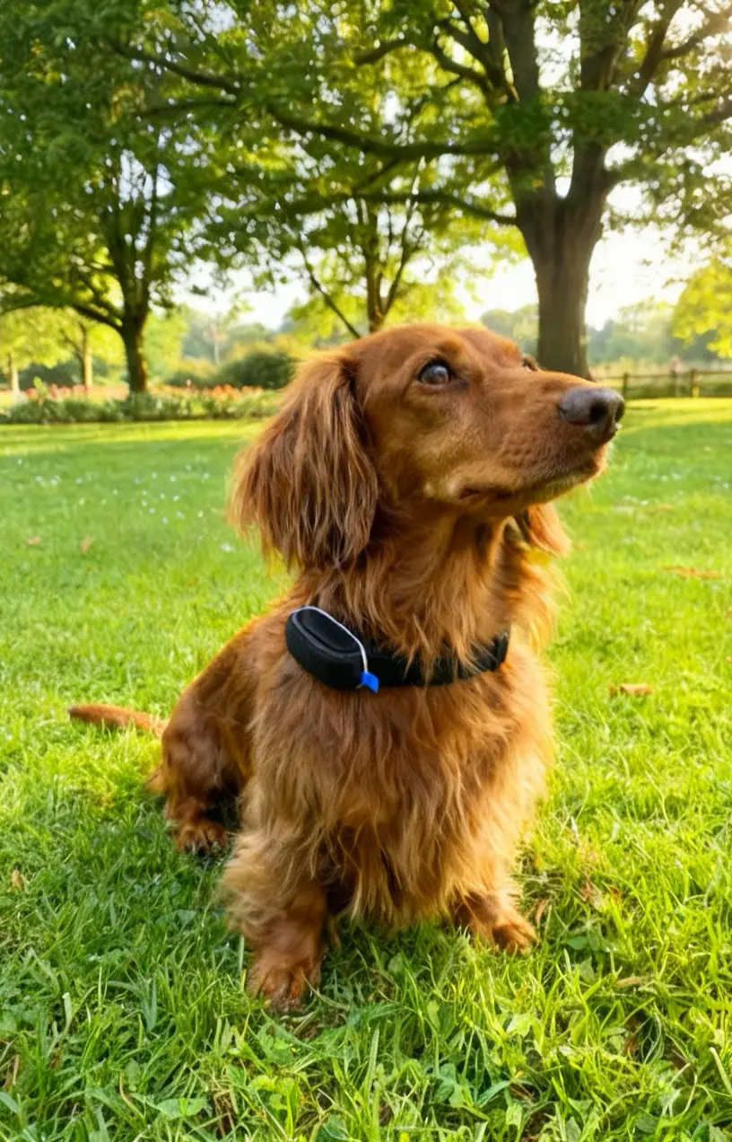 Springer Spaniel mit Invoxia Biotracker spielt im Park