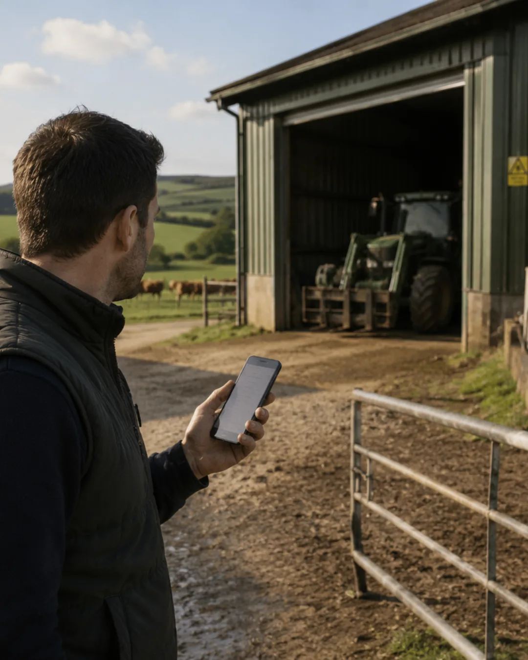 Agricultor revisando la ubicación GPS desde su teléfono