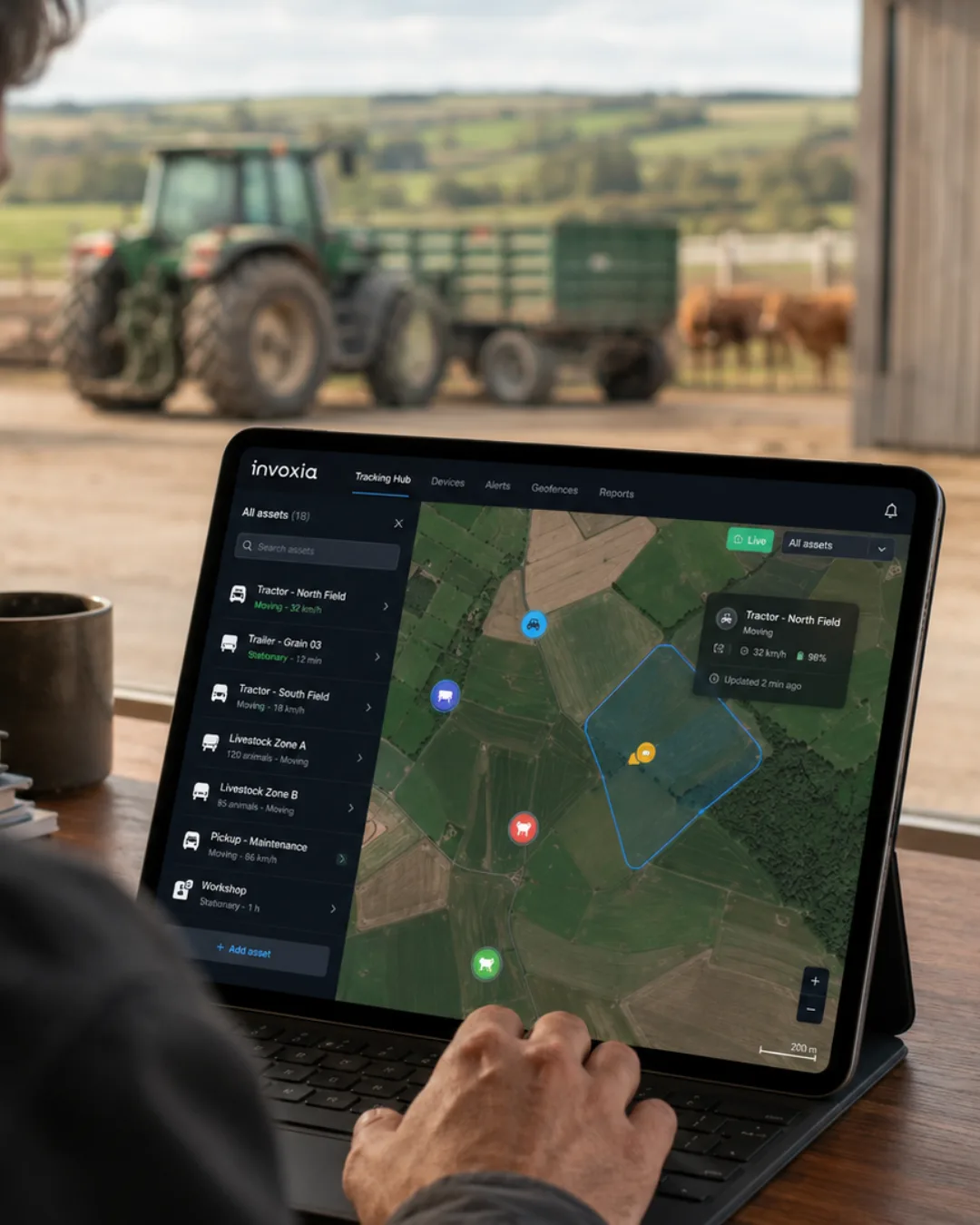 Panel de seguimiento de activos agrícolas en una tableta