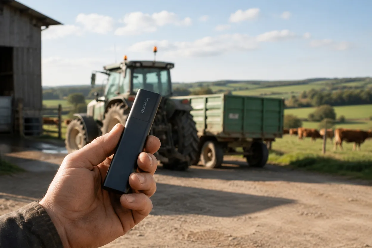 Localizador GPS Invoxia delante de maquinaria agrícola