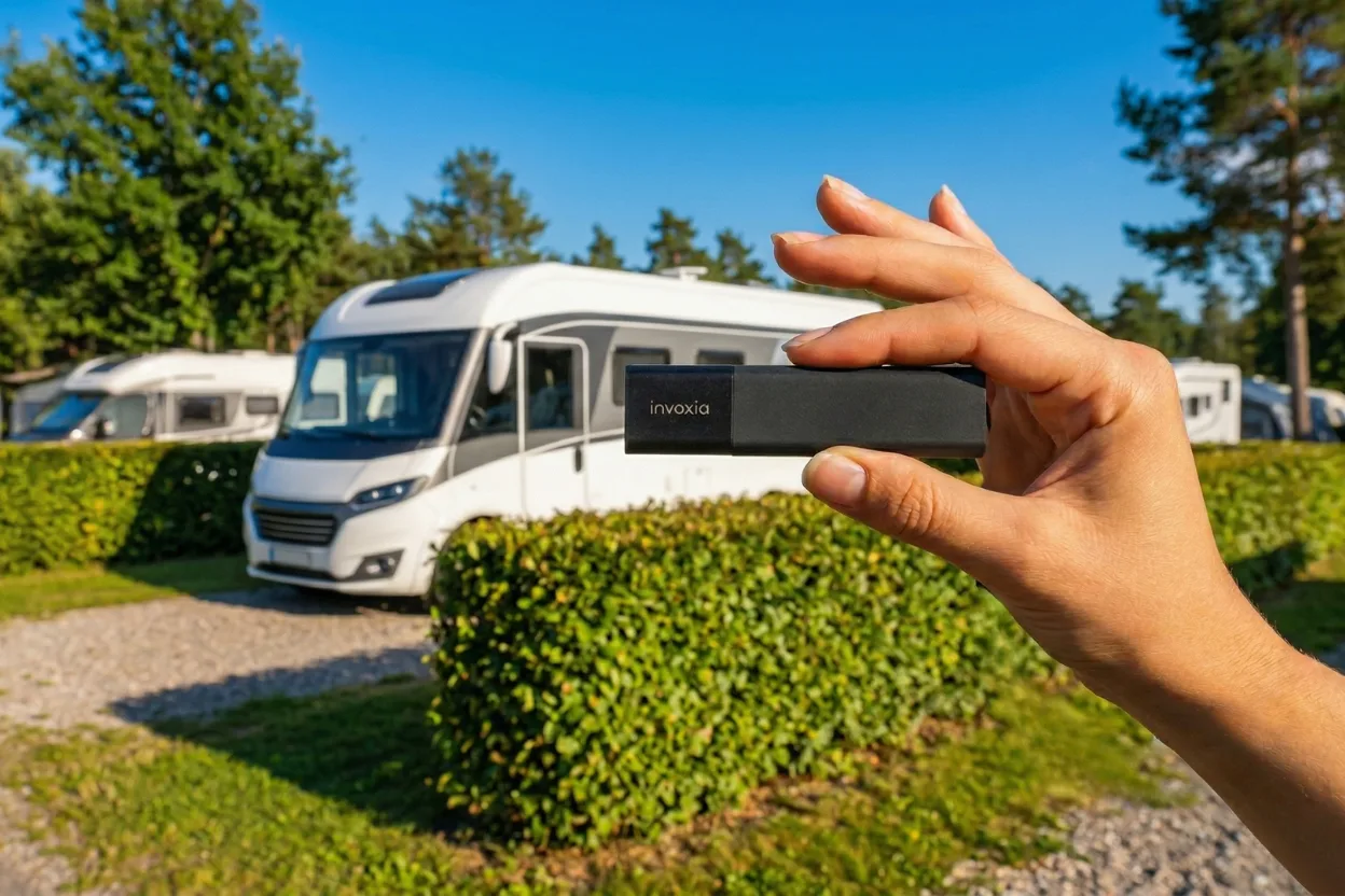 Hand hält einen Invoxia GPS Tracker vor einem Wohnmobil