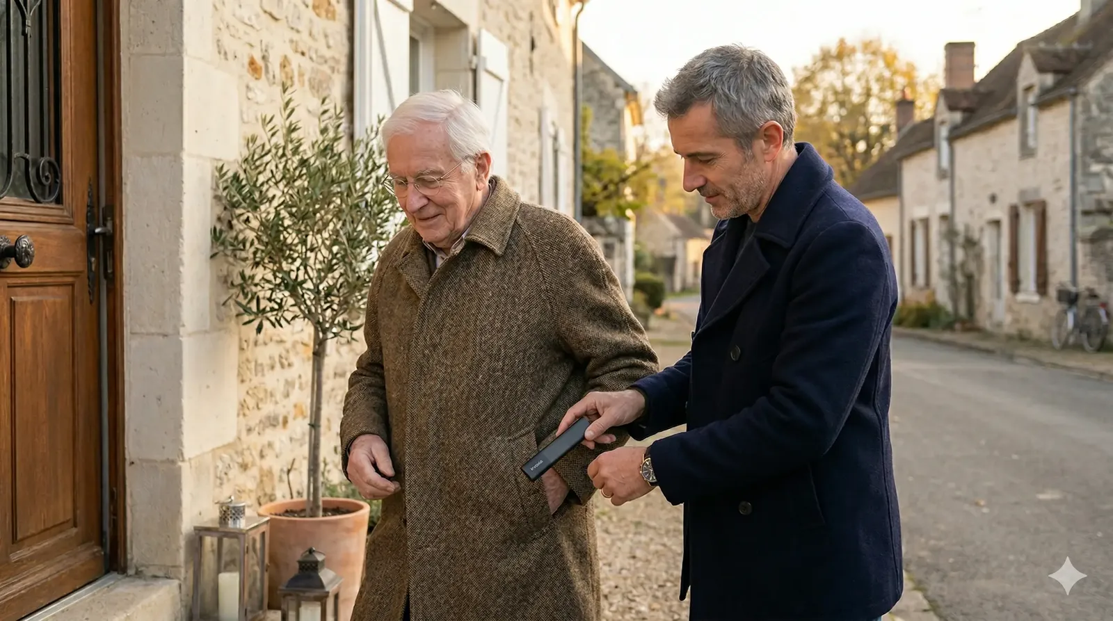 A man slips an Invoxia GPS tracker into his father's pocket