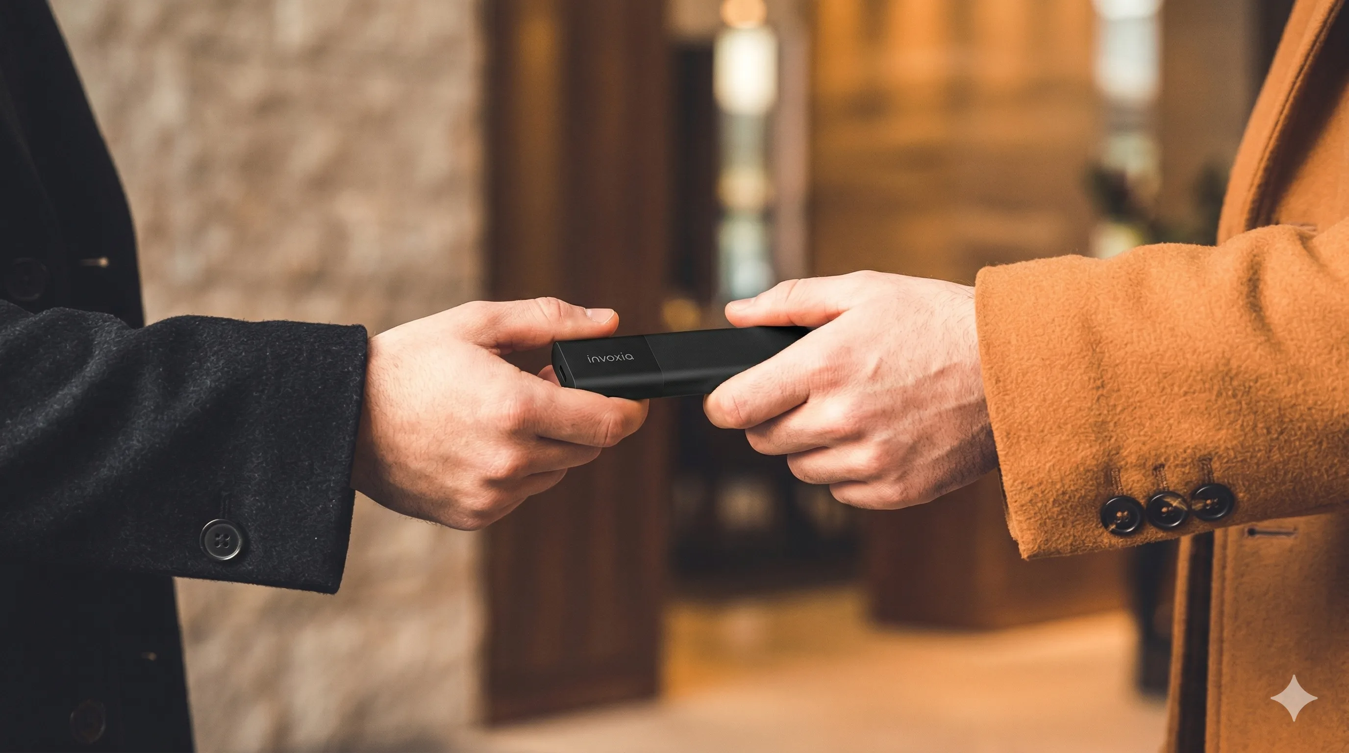 A person giving an Invoxia GPS tracker to a loved one